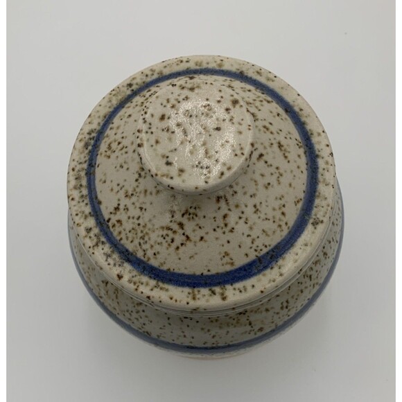 Vintage Art Pottery flour Jar with Lid white and blue strapes with brown dots - Picture 5 of 9